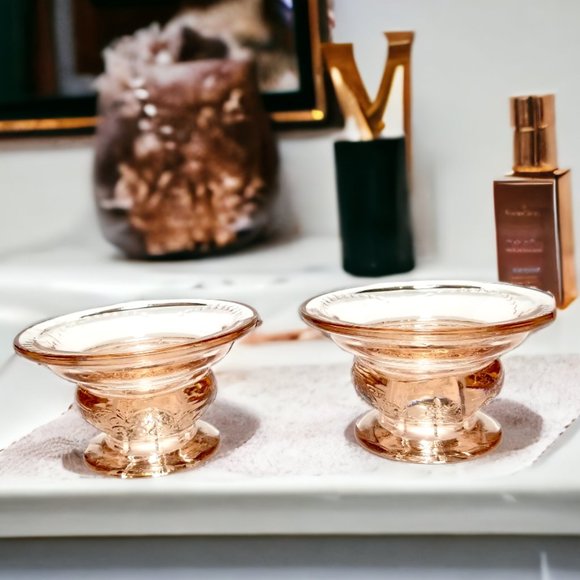 Pink Candlestick Holders Depression Glass, Madrid by Federal Glass, Etched 1932 - Picture 2 of 9